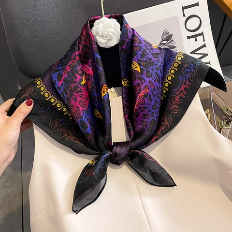 Mulberry Satin Square Scarf Gradient Purple Leopard Paisley Print Fashionable Elegant Lightweight Wrap For Women