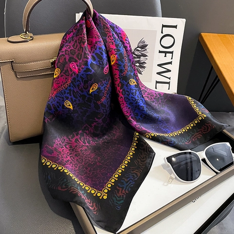 Mulberry Satin Square Scarf Gradient Purple Leopard Paisley Print Fashionable Elegant Lightweight Wrap For Women