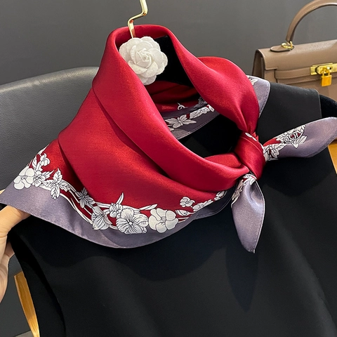 Elegant Mulberry Satin Square Scarf For Women Vintage Floral Print Decorative Neck Scarf Fashion Lightweight Neckerchief