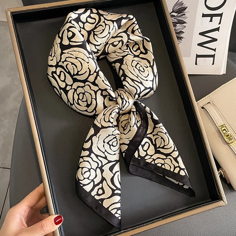 Elegant Camellia Flower Print Square Scarf Mulberry Satin Satin French Retro Style Decorative Head Neck Wrap For Women