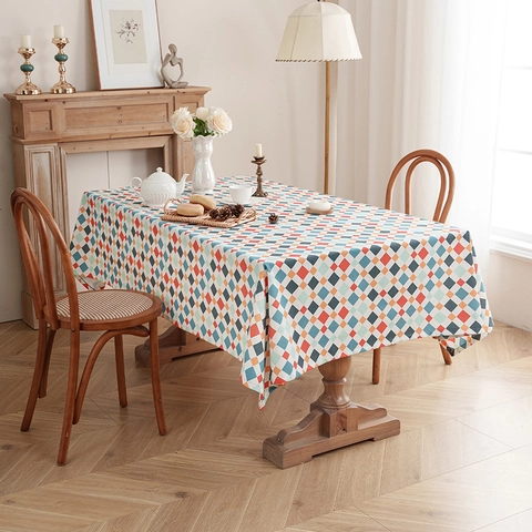 Modern Nordic Style Colorful Rhombic Pattern Tablecloth Rectangular Cotton Polyester Blend Dustproof Decorative Desk Cover