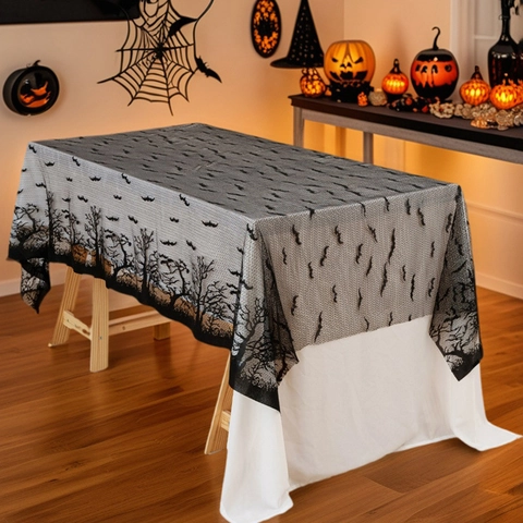 Tovaglia in Pizzo Nero di Halloween Motivo Pipistrello Scheletro Zucca Gotica Rettangolare in Poliestere per Decorazione Festa