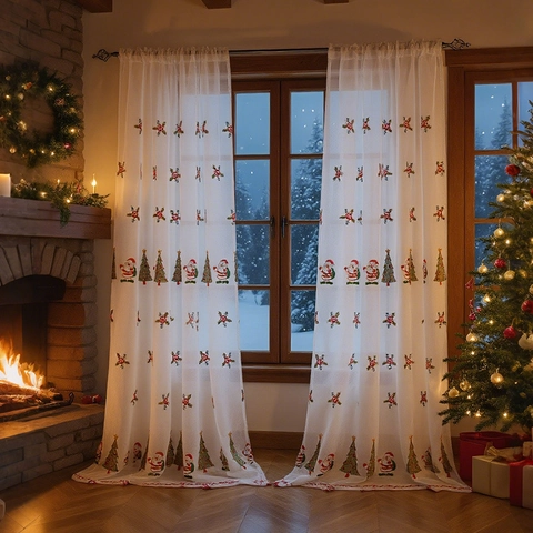 Christmas Embroidered Voile Sheer Curtain White Lace Window Drapes Santa Claus And Tree Pattern For Festive Home Decor