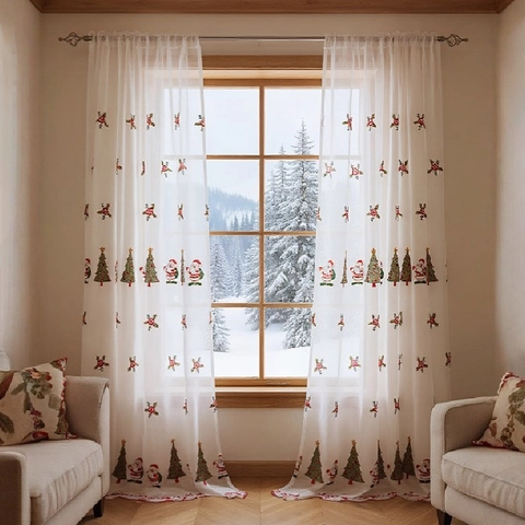 Christmas Embroidered Voile Sheer Curtain White Lace Window Drapes Santa Claus And Tree Pattern For Festive Home Decor
