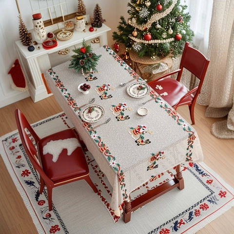 Christmas Tablecloth Polyester Embroidered Santa Claus Reindeer Snowflake Lace Hollow Table Cover For Home Dining Party Decor