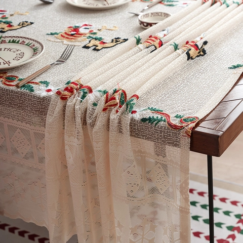 White Christmas Rectangular Tablecloth Polyester Lace Embroidery Santa Reindeer Pattern Holiday Dining Table Decoration