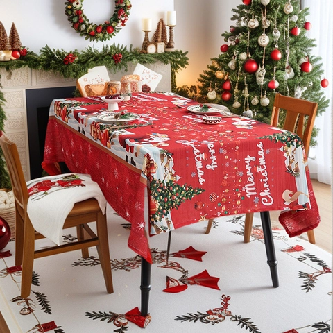 Nappe De Noël Rectangulaire En Polyester Couverture De Table Père Noël Flocons De Neige Imprimé Décoration De Fête Rouge Bleu
