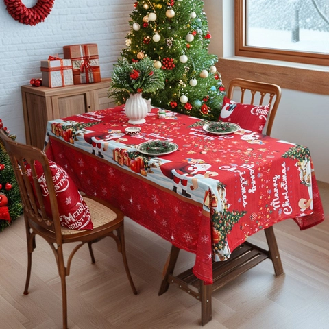 Nappe De Noël Rectangulaire En Polyester Couverture De Table Père Noël Flocons De Neige Imprimé Décoration De Fête Rouge Bleu