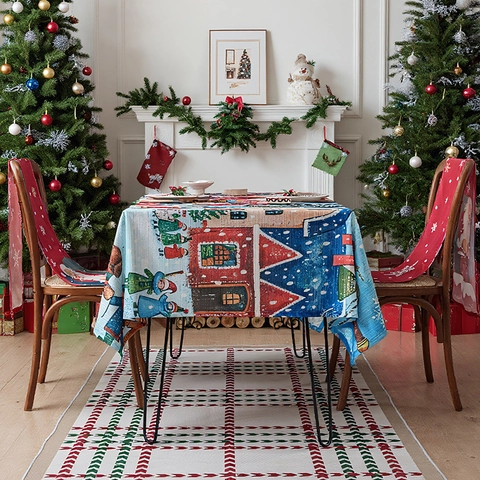 Nappe De Noël Polyester Rectangulaire Scène De Neige Festive Père Noël Bonhomme De Neige Décor De Fête