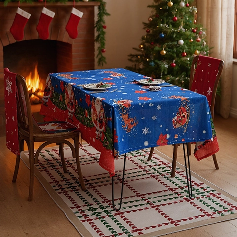 Nappe De Noël Et Housses De Chaise Polyester Père Noël Bonhomme De Neige Imprimé Salle À Manger Fête D Hiver Décor