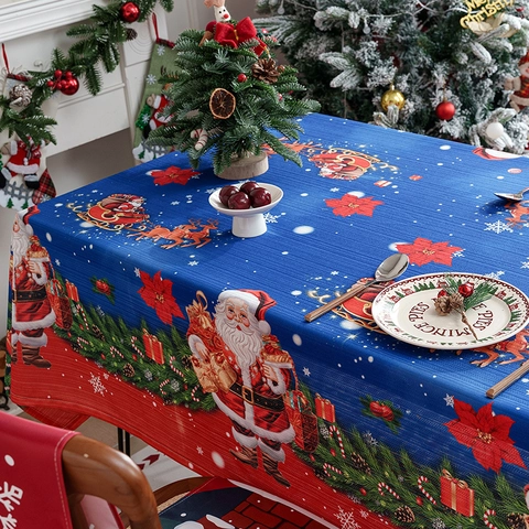 Nappe De Noël Et Housses De Chaise Polyester Père Noël Bonhomme De Neige Imprimé Salle À Manger Fête D Hiver Décor