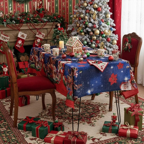 Nappe De Noël Et Housses De Chaise Polyester Rectangulaire Motif Père Noël Bonhomme De Neige Décoration De Table De Salle À Manger Style Américain