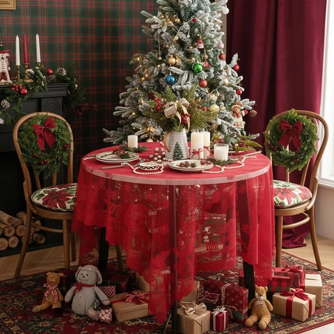 Red Christmas Lace Tablecloth Hollow Out Snowflake Reindeer House Pattern Festive Dining Table Decor Party Supplies Home Ornament