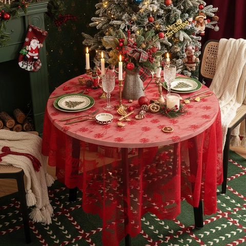 Red Christmas Lace Tablecloth Hollow Out Snowflake Reindeer House Pattern Festive Dining Table Decor Party Supplies Home Ornament