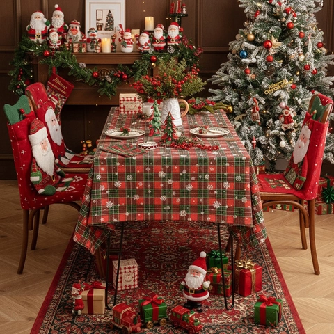 Mantel de Cuadros de Navidad Rojo Verde Tartan Copo de Nieve Rectangular Poliéster Cubierta de Mesa para Fiesta de Vacaciones Hogar Comedor Decoración