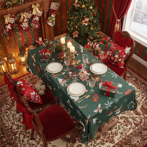 Nappe De Noël Polyester Rectangulaire Festive Imprimé Renne Père Noël Décoration De Dîner De Fête Style Américain