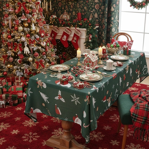 Christmas Printed Rectangular Tablecloth Polyester Holiday Party Decor Kitchen Dining Room Reindeer Snowflake Pattern