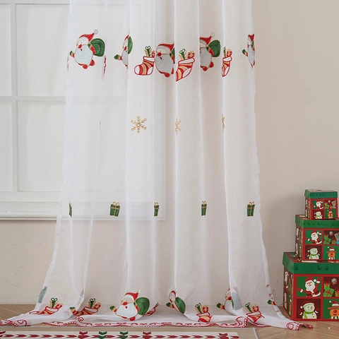 Tende da Finestra in Velo Ricamate con Babbo Natale di Natale Motivo a Fiocco di Neve Regalo Per Soggiorno Camera da Letto Decorazione