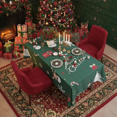 Christmas Tablecloth Rectangular Polyester Dining Table Cover Merry Christmas Reindeer Snowman Print Holiday Party Home Decor