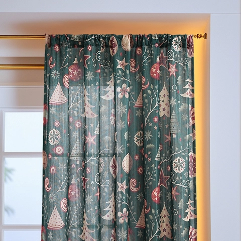Christmas Curtains Polyester Printed Semi Shading Rod Pocket Home Living Room Bedroom Decor Festive American Style Drapery