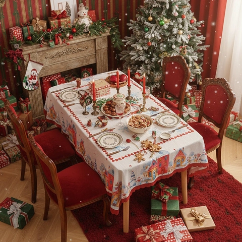 Christmas Theme Rectangle Tablecloth Polyester Holiday Table Cover With Festive Snow Village Floral Patterns For Dining Decor