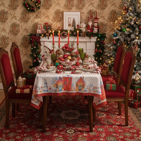 Christmas Rectangular Tablecloth Polyester Table Cover With Red Scalloped Edge Snowy House Floral Bell Print Holiday Home Decor