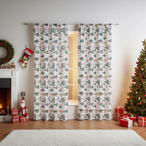 Christmas Window Curtains Polyester Printed Semi Blackout Fabric Holiday Home Decoration American Style Trees Reindeer