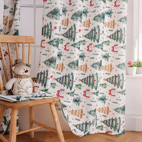 Christmas Window Curtains Polyester Printed Semi Blackout Fabric Holiday Home Decoration American Style Trees Reindeer