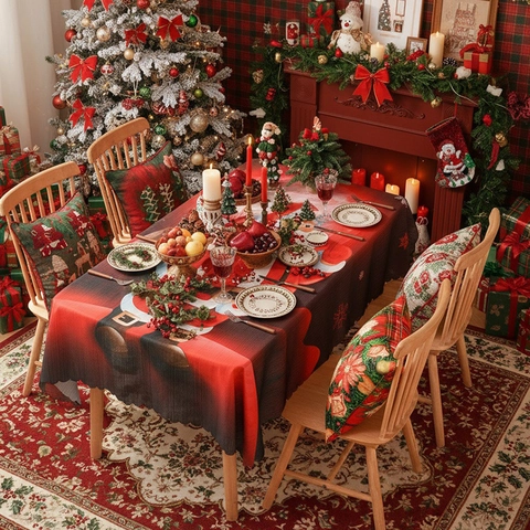 Christmas Tablecloth Rectangular Polyester Scalloped Edge Santa Claus Snow Scene Holiday Party Dining Room Decoration