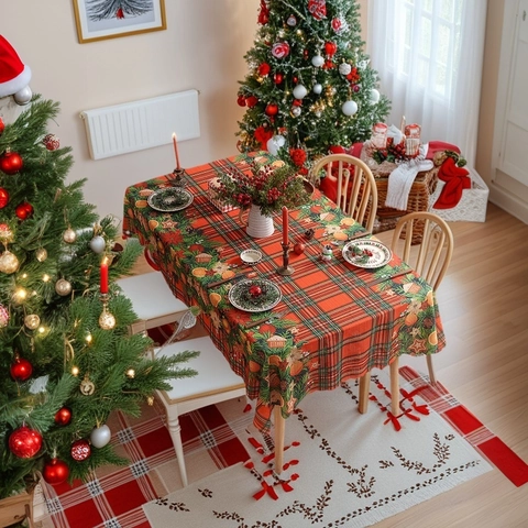 Christmas Rectangular Tablecloth Red Plaid Snowman Pattern Polyester Washable Table Cover Scalloped Edge For Holiday Party Dining Decor