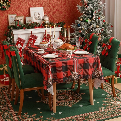 Christmas Tablecloth Polyester Buffalo Plaid Festive Scalloped Edge Rectangular Table Cover For Holiday Party Dining Decor
