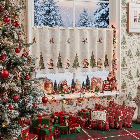 Rideau De Café De Noël Vintage En Polyester Dentelle Broderie Père Noël Sapin De Noël Demi Rideau Pour Cuisine Déco Maison