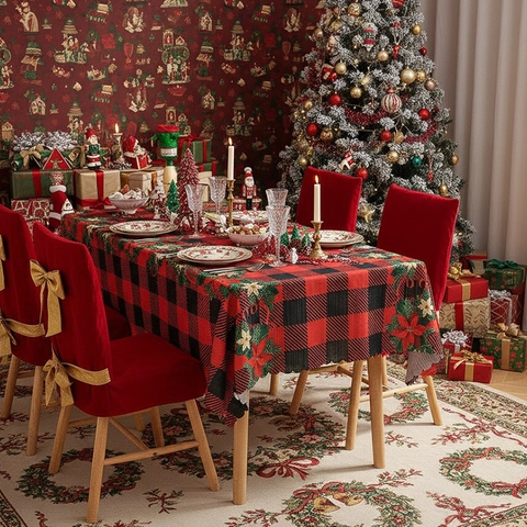 Weihnachts-Tischdecke Rechteckig Karomuster Polyester Weihnachtsstern Blumendruck Feiertags-Deko Wellenrand