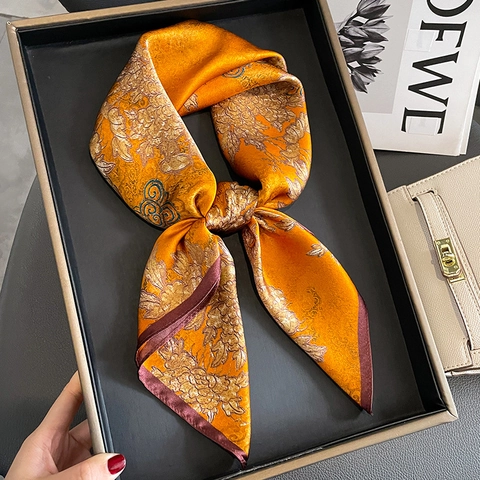 Elegant Square Scarf Neckerchief Pure Mulberry Satin Floral Print Fashionable Shawl Wrap For Women Vintage Style