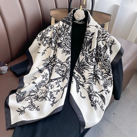 Elegant Polyester Satin Square Scarf For Women Vintage Botanical Floral Print Shawl Versatile Head Neck Wrap Scarf
