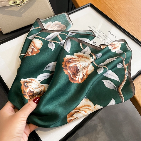 Damen 100% Maulbeerseide Quadratischer Schal Elegant Vintage Rose Blumenmuster Dekoratives Halstuch Satin Seidentuch