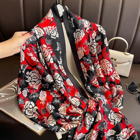 Women Scarf Shawl Imitation Satin Satin Rose Floral Butterfly Print Large Rectangular Retro Elegant Accessory