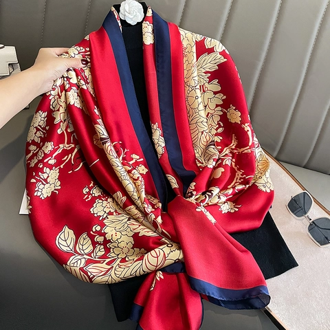 Elegant Faux Satin Scarf Large Floral Printed Shawl Wrap Lightweight Contrast Border Soft Fashion Headscarf For Women
