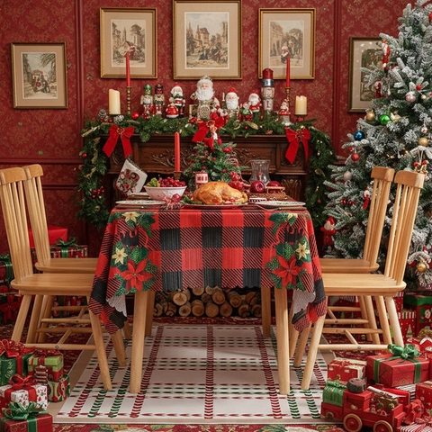 Weihnachts-Tischdecke Rechteckig Karomuster Polyester Weihnachtsstern Blumendruck Feiertags-Deko Wellenrand