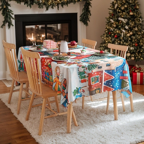 Christmas Rectangular Tablecloth Polyester Festive Scalloped Edge Table Cover Santa Snowman Printing For Holiday Dining Party Home Decoration