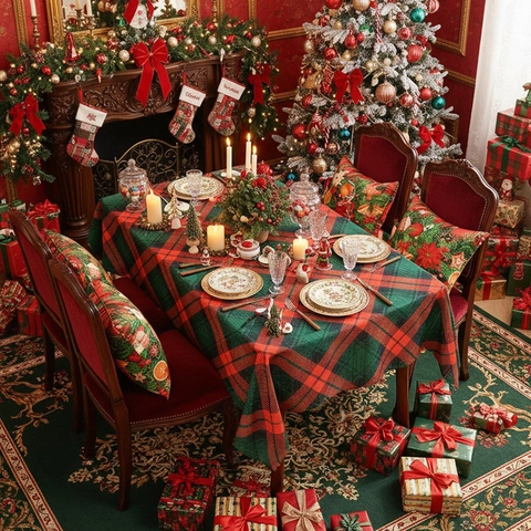 Tovaglia Natalizia a Quadri in Poliestere Rettangolare Con Bordo a Festone per Sala da Pranzo Festa Decorazione Casa