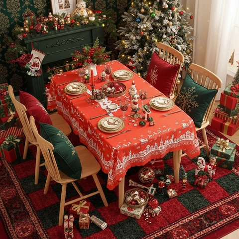 Mantel De Navidad Poliéster Rectangular Cuadros Rojos Reno Copo De Nieve Borde Festoneado Decoración De Cena De Fiesta