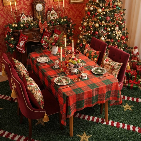 Christmas Tablecloth Polyester Plaid Scalloped Edge Holiday Dining Table Decor For Party American Style Red Green