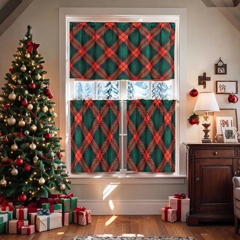 Weihnachten Küche Vorhang Volant Und Tier Panels Polyester Tartan Karo Büffel Check Schleife Druck Festliche Wohndekoration