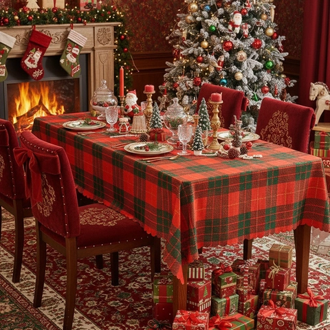 Christmas Tablecloth Polyester Plaid Scalloped Edge Holiday Dining Table Decor For Party American Style Red Green