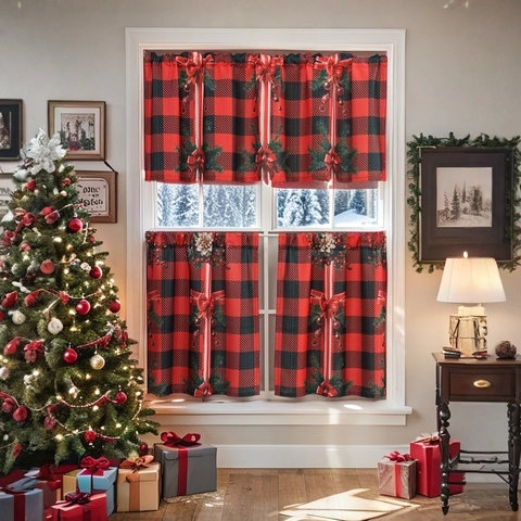Christmas Curtains Buffalo Plaid Red Black Grid Polyester Kitchen Cafe Valance Tier Holiday Decor Bow Pine Cone Print