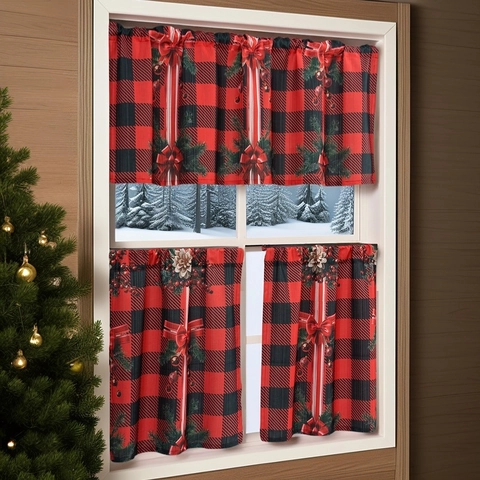 Christmas Curtains Buffalo Plaid Red Black Grid Polyester Kitchen Cafe Valance Tier Holiday Decor Bow Pine Cone Print