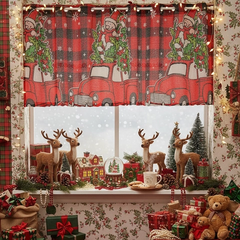 Christmas Buffalo Plaid Valance Curtain Red Truck Christmas Tree Print Rectangle Polyester Coffee Curtain For Home Decor