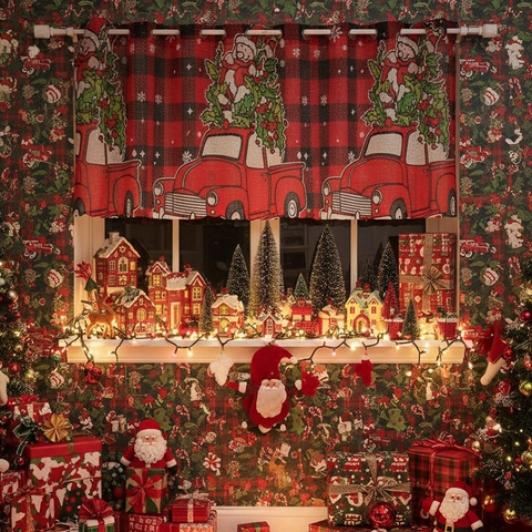 Weihnachten Rot Schwarz Büffel Karo Kurzgardine Merry Christmas LKW Weihnachtsmann Bedruckt Cafe Vorhang Für Küche Deko