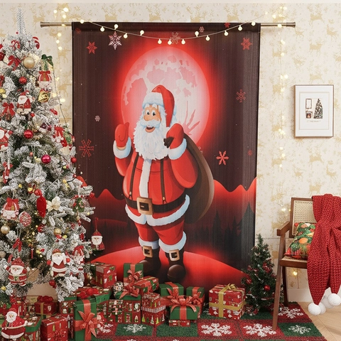 Christmas Curtains Polyester Santa Claus Plaid Print Rod Pocket Semi Blackout Holiday Home Decoration